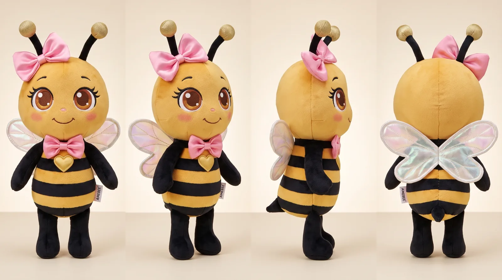 AmeBee plush shown from four angles: front, three-quarter, side and back